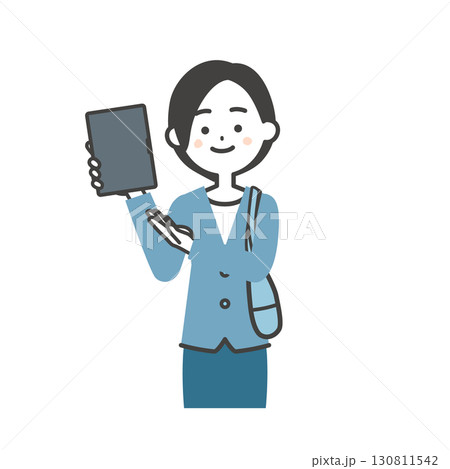 手に持ったタブレットを指すバッグを脇に抱えたジャケットスタイルの女性イラスト 130811542
