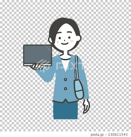 パソコンの画面を見せるバッグを脇に抱えたジャケットスタイルの女性イラスト 130811543