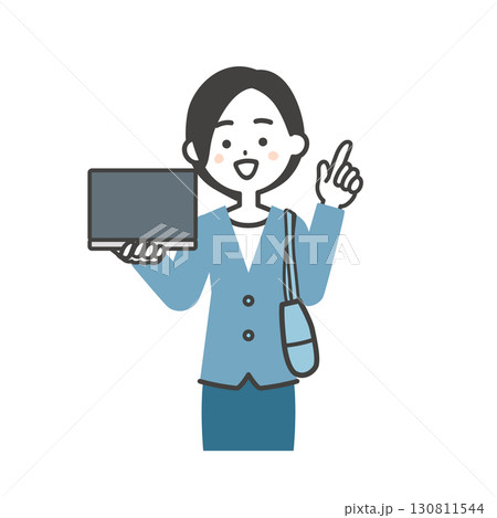 パソコンの画面を見せて指を立てるバッグを脇に抱えたジャケットスタイルの女性イラスト パソコンの画面を見せて指を立てるバッグを脇に抱えたジャケットスタイルの女性イラスト 130811544