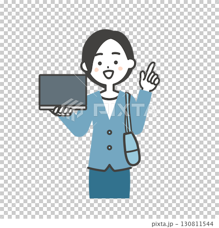 圖解：一位身穿夾克的女士手拿一個包包，指著電腦螢幕 130811544