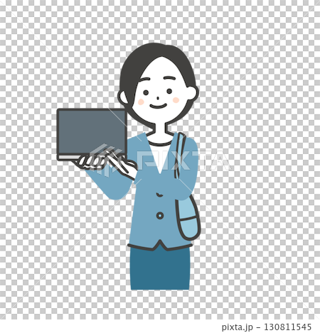 Illustration of a woman in a jacket holding a bag at her side pointing at a laptop in her hand Illustration of a woman in a jacket holding a bag at her side pointing at a laptop in her hand 130811545