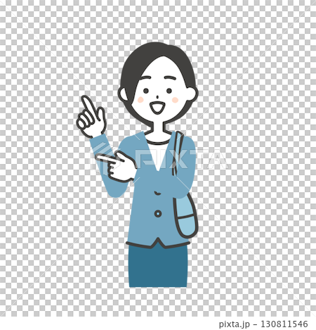 圖解：一位身穿夾克的女士，手拿一個袋子放在身旁，用雙手指向一側 130811546