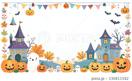かわいいお化け屋敷とかぼちゃとゴーストのハロウィンフレーム 130811582