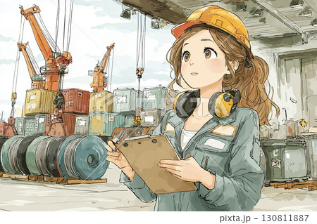 美優シリーズ：港湾でクレーンによる電線ロールの荷役作業 130811887