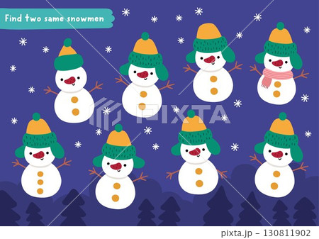 Find two same snowmen. Christmas matching activity for children. Winter holiday educational quiz worksheet for kids for attention skills. New Year printable game with cute night snowy scene 130811902