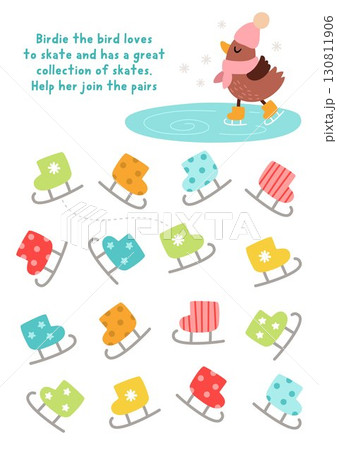 Join pairs of skates. Christmas matching activity for children. Winter holiday educational quiz worksheet for kids for attention skills. Printable game with cute skating bird on ice ring 130811906