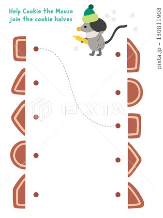 Christmas village matching and shape recognition activity with cute mouse and gingerbread cookies. Winter holiday puzzle with biscuit halves. Match objects game. New Year printable worksheet 130811908