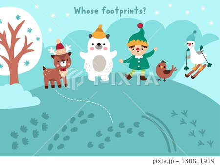 Christmas village matching activity with cute animals, elf and their footprints. Winter holiday puzzle with polar bear, deer, goose on ski. Match object game with foot prints. New Year printable 130811919