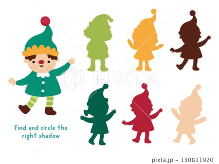 Christmas village shadow matching activity with cute elf. Winter holiday puzzle with traditional character. New Year find correct silhouette printable worksheet, game 130811920