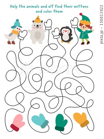 Christmas village maze, coloring and matching activity for children with cute animals, elf and mittens. Funny labyrinth game with bear, goose, penguin. Winter holiday printable activity, worksheet Christmas village maze, coloring and matching activity for children with cute animals, elf and mittens. Funny labyrinth game with bear, goose, penguin. Winter holiday printable activity, worksheet 130811922