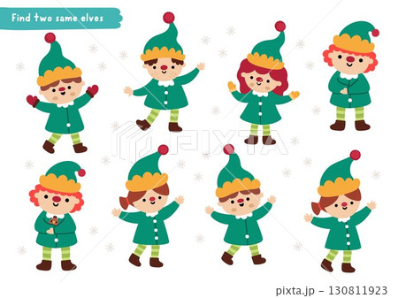 Find two same elves. Christmas matching activity for children. Winter holiday educational quiz worksheet for kids for attention skills. New Year printable game with cute dwarfs 130811923