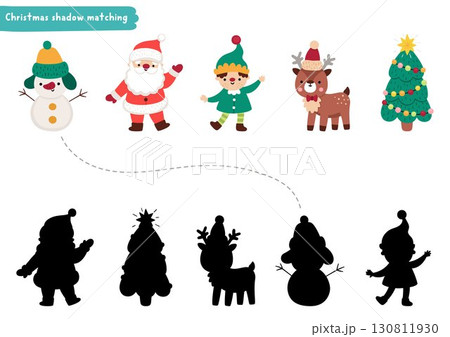 Christmas village shadow matching activity with Santa Claus, deer, fir tree, elf, snowman. Winter holiday puzzle with traditional characters. New Year find correct silhouette printable worksheet, Christmas village shadow matching activity with Santa Claus, deer, fir tree, elf, snowman. Winter holiday puzzle with traditional characters. New Year find correct silhouette printable worksheet, 130811930