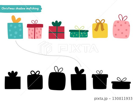 Christmas village shadow matching activity with cute present boxes. Winter holiday puzzle with colored gifts. New Year find correct silhouette printable worksheet, game Christmas village shadow matching activity with cute present boxes. Winter holiday puzzle with colored gifts. New Year find correct silhouette printable worksheet, game 130811933