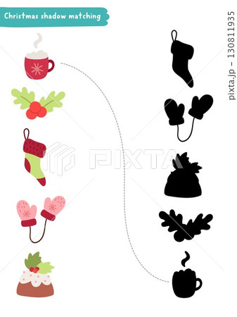 Christmas village shadow matching activity with cacao, holy, stocking, mittens, cake. Winter holiday puzzle with traditional symbols. New Year find correct silhouette printable worksheet, game 130811935