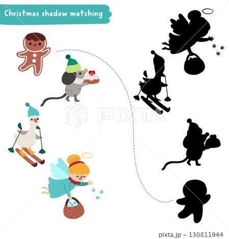 Christmas village shadow matching activity with gingerbread man, angel, goose, mouse. Winter holiday puzzle with traditional animals. New Year find correct silhouette printable worksheet, game 130811944