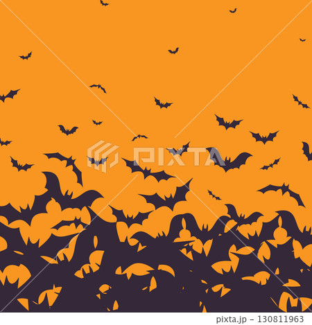 Silhouette of flying bats scattered across orange background in dark color 130811963