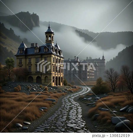 Elegant manor on stone road amidst misty mountains. Elegant manor on a cobblestone road, surrounded by misty mountains. Elegant manor on stone road amidst misty mountains. Elegant manor on a cobblestone road, surrounded by misty mountains. 130812019