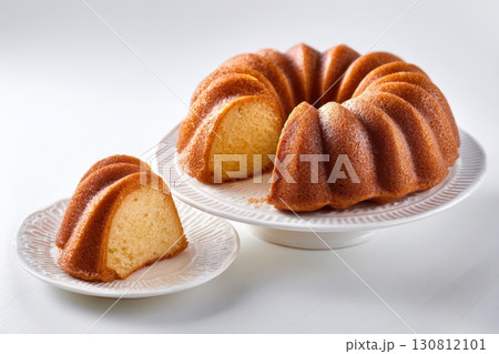 Bundt cake with a crimped top and a glossy sheen on a white plate on a white background. One piece is cut out with soft smooth texture inside. Golden-brown round classic cake and one slice cut out 130812101