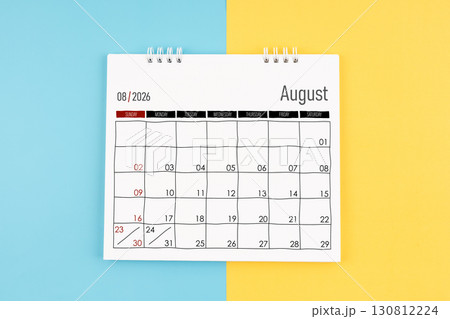 August 2026 calendar on blue and yellow color background, Flat lay. 130812224