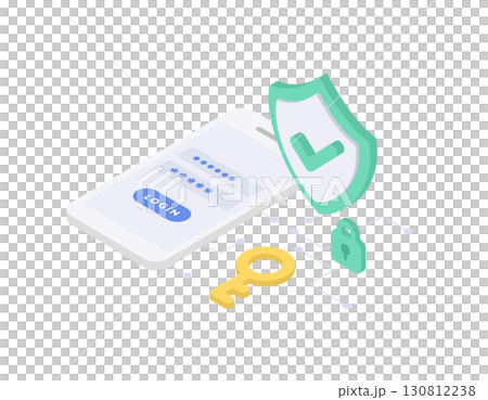 ログインとセキュリティを表すスマホ画面のベクターイラスト（アイソメトリック） 130812238
