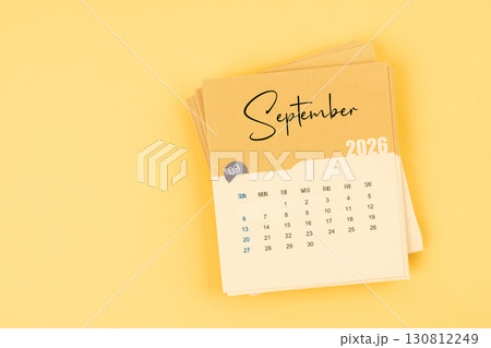 September 2026 calendar card on yellow color background with copy space. September 2026 calendar card on yellow color background with copy space. 130812249