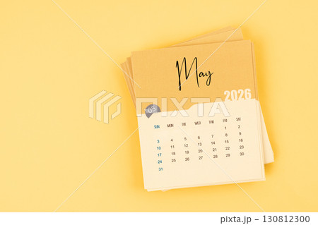 May 2026 calendar card on yellow color background with copy space. 130812300