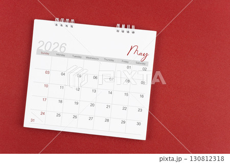 May 2026 desk calendar on red background. Page of annual monthly calendar for plan. May 2026 desk calendar on red background. Page of annual monthly calendar for plan. 130812318