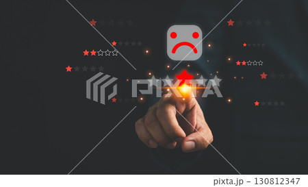 Hand selects a one star rating with sad face icon. Business concept of poor customer experience, negative feedback, dissatisfaction, and low service quality in business or product reviews. 130812347
