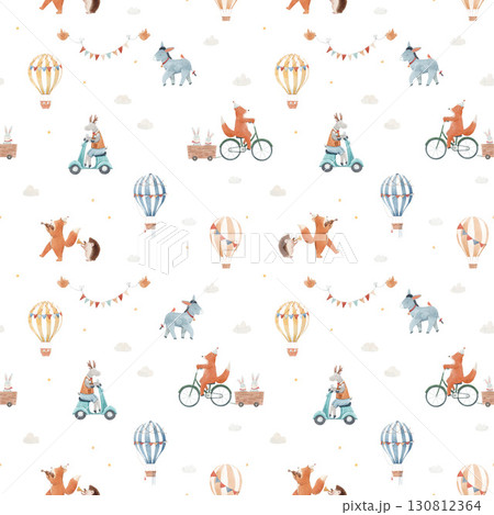 Seamless watercolor kids pattern with animals, balloons and hot air balloons. Cute hand painted nursery design for fabric, wallpaper and wrapping paper 130812364