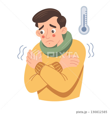 Man feels cold. Person in scarf is freezing from cold. Illustration. Man feels cold. Person in scarf is freezing from cold. Illustration. 130812385
