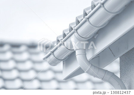 Contemporary Gutter Installed on a Residential House Roof to Enhance Functionality. Clean well maintained rain gutter system. Roof architecture effectively. Polymer storm drainage. Home architectural 130812437