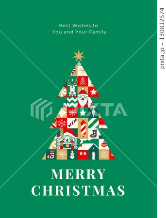 Merry Christmas Tree Greeting Card with Santa, Nutcracker, and Ornaments, Festive Vector Illustration Merry Christmas Tree Greeting Card with Santa, Nutcracker, and Ornaments, Festive Vector Illustration 130812574