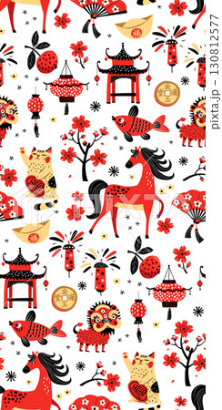 Chinese New Year Red Fire Horse zodiac Seamless Background Pattern Vector illustration 130812577