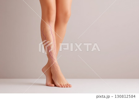 Patient with sign of varicose veins symptoms on a legs. Light background. Leg pain. Phlebology. Venous pathologies of the lower extremities. Human vessel, arteries. Capillaries. Blood system. Banner 130812584