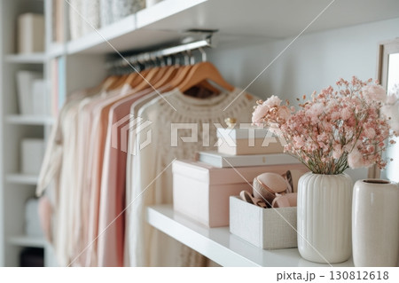 Home closet. Stylish clothes, shoes, stuff in large wardrobe. Neatly organized storage. Shelves filled with items, wooden baskets, woven boxes. Comfort Clothing organizer. Tidy efficient living space 130812618