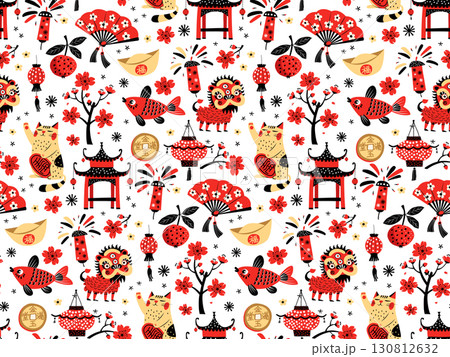 Chinese New Year Seamless Pattern, Lucky Cat, Dragon, Lanterns and Sakura Vector illustration Chinese New Year Seamless Pattern, Lucky Cat, Dragon, Lanterns and Sakura Vector illustration 130812632
