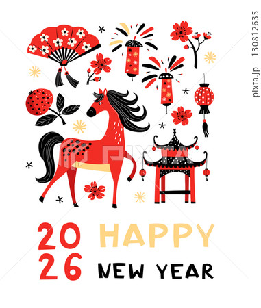 Happy Chinese New Year 2026 greeting card with red horse Happy Chinese New Year 2026 greeting card with red horse 130812635
