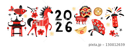 Chinese New Year 2026, Red Horse Zodiac, Lanterns, and Festive Symbols Vector Illustration Chinese New Year 2026, Red Horse Zodiac, Lanterns, and Festive Symbols Vector Illustration 130812639