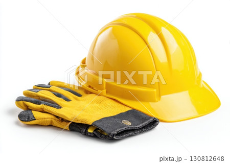 Yellow safety helmet, hard hat, tools with protective gloves on white background. Labor Day Banner. Foreman's workplace. Home And Professional Repairs, Business and Construction Industry. Copy space. 130812648