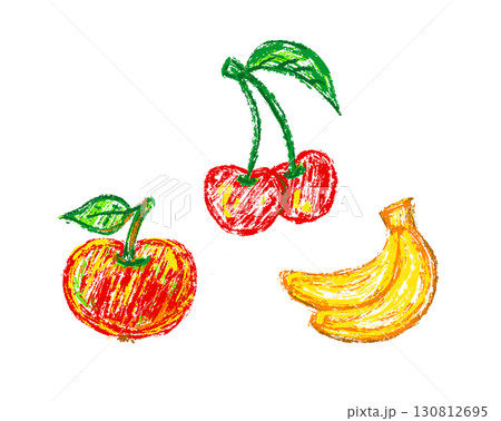 Chalk drawing of fruits including apple, cherries and banana. Hand drawn crayon scribble style illustration with bright and playful mood. Chalk drawing of fruits including apple, cherries and banana. Hand drawn crayon scribble style illustration with bright and playful mood. 130812695