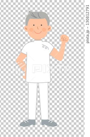 ガッツポーズするシニア男性看護師_全身 130812791