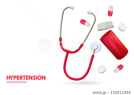 Hypertension poster, banner with 3d Realistic medical stethoscope, pharmaceutical bottle and capsule pill tablet. Advertising for hospital or pharmaceutical company. Vector illustration. High blood 130812988