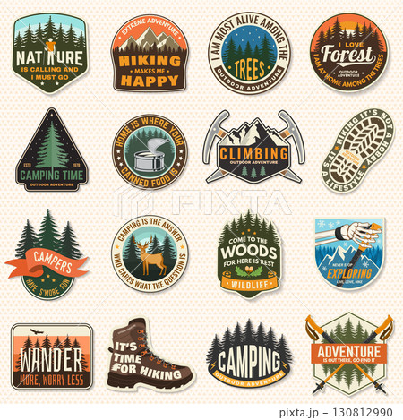 Set of logo, badge design with inspirational adventure quotes. Concept for shirt or logo, print, stamp or tee with hiking boots, pin forest, mountain, deer. Vector illustration. 130812990