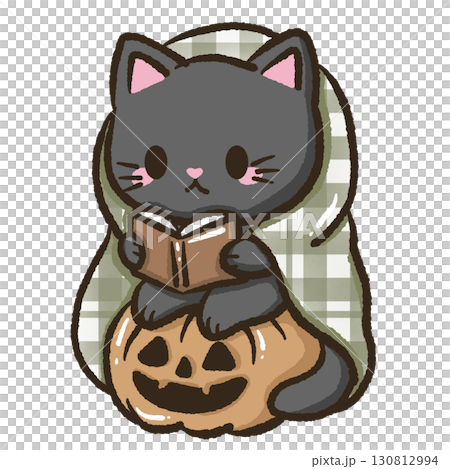 Kawaii black cat illustration wrapped with cozy blanket reading sitting on pumpkin for kids storybooks educational materials school projects home decor crafts scrapbooking and creative stationery Kawaii black cat illustration wrapped with cozy blanket reading sitting on pumpkin for kids storybooks educational materials school projects home decor crafts scrapbooking and creative stationery 130812994