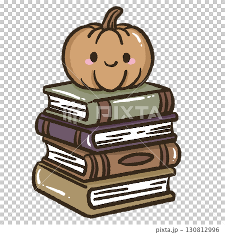 Kawaii illustration of a jack o lantern pumpkin on top of pile of books for kids storybooks educational materials school projects home decor crafts scrapbooking and creative stationery design 130812996