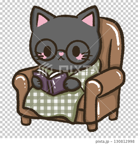 Kawaii black cat illustration sitting on a couch with blanket reading for kids storybooks educational materials school projects home decor crafts scrapbooking and creative stationery design 130812998