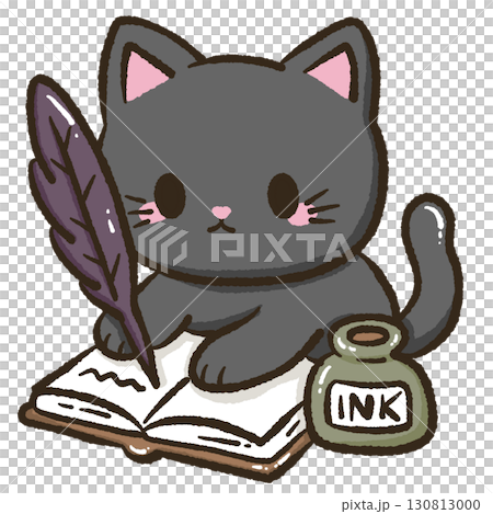 Kawaii black cat illustration writing with feather and ink for kids storybooks educational materials school projects home decor crafts scrapbooking and creative stationery design 130813000