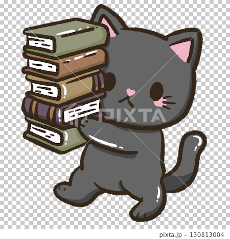 Kawaii black cat illustration holding a stack of books for kids storybooks educational materials school projects home decor crafts scrapbooking and creative stationery design 130813004