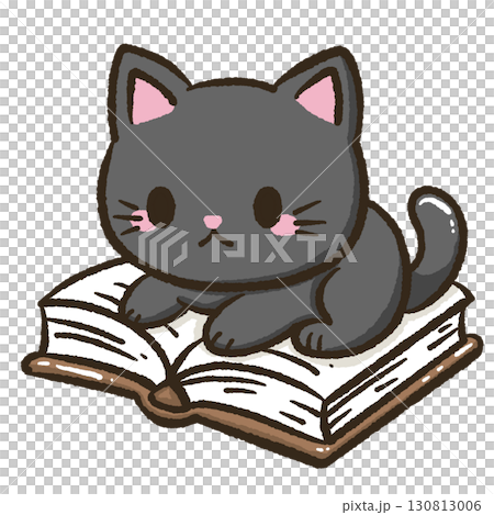 Cute kawaii black cat sitting laying on an opened book cozy reading companion playful feline illustration for children educational decor book lover art pet friendly drawing Cute kawaii black cat sitting laying on an opened book cozy reading companion playful feline illustration for children educational decor book lover art pet friendly drawing 130813006