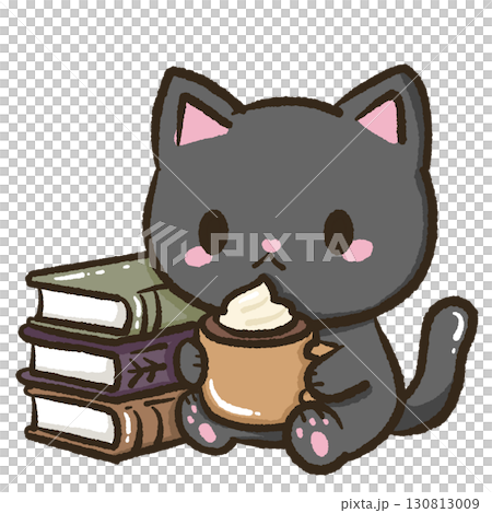 Kawaii black cat illustration drinking a hot chocolate next to a pile of books for kids storybooks educational materials school projects home decor crafts scrapbooking and creative stationery design Kawaii black cat illustration drinking a hot chocolate next to a pile of books for kids storybooks educational materials school projects home decor crafts scrapbooking and creative stationery design 130813009